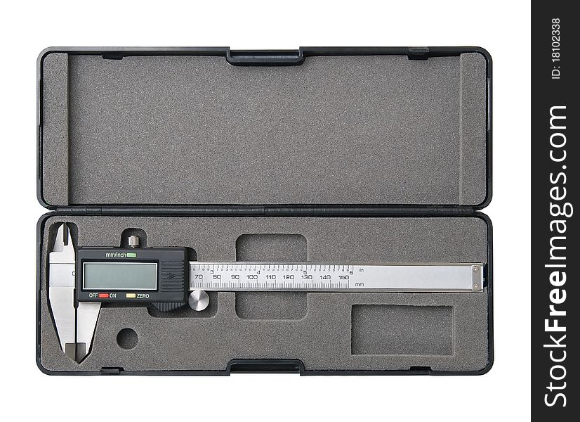 Digital caliper in black box isolated on white background