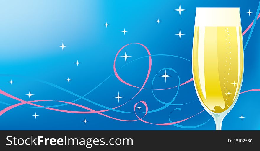 A wineglass with sparkling wine on blue background with ribbons. A wineglass with sparkling wine on blue background with ribbons.