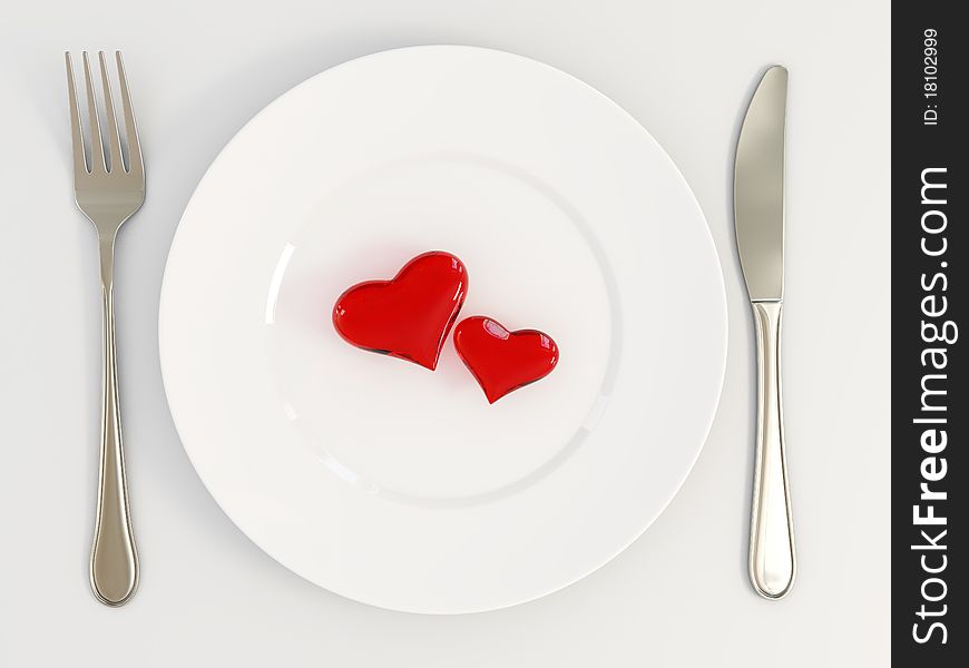 Three dimensional image of the heart on a plate. Valentine's Day