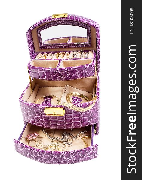 Lilac box with jewelry isolated on the white