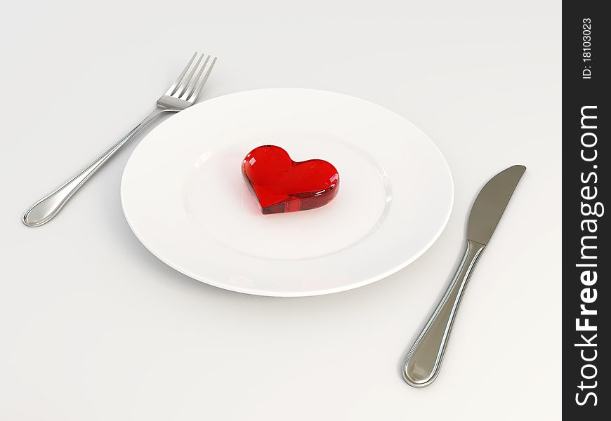 Three dimensional image of the heart on a plate. Valentine's Day