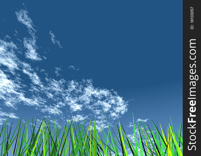 Lush green grass against the sky. 3d computer modeling