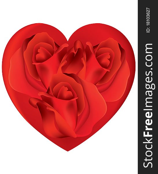 Three red roses in heart with white background