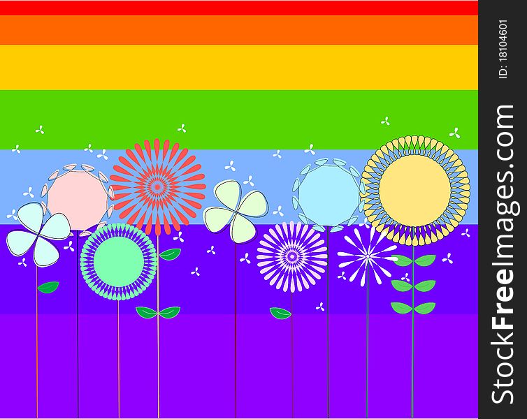 Many cute flowers in a rainbow background. Many cute flowers in a rainbow background.
