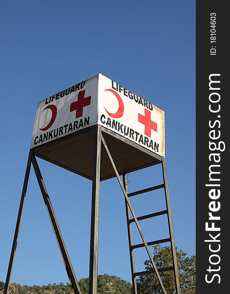 A Life Guard Station on a beach in Turkey with beautiful blue sky