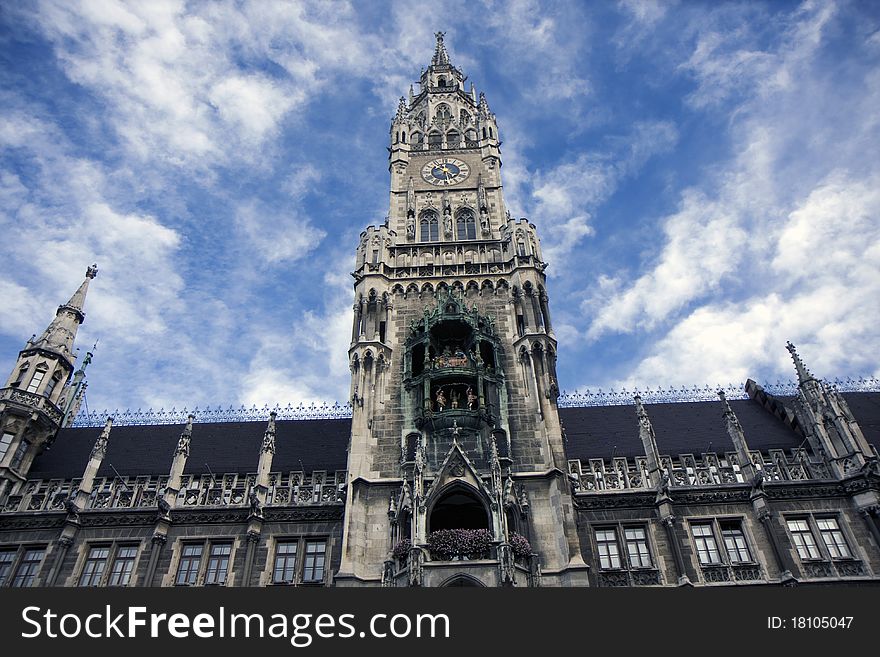 New city hall Marienplatz and Frauenkirche in Munich, Germany. New city hall Marienplatz and Frauenkirche in Munich, Germany