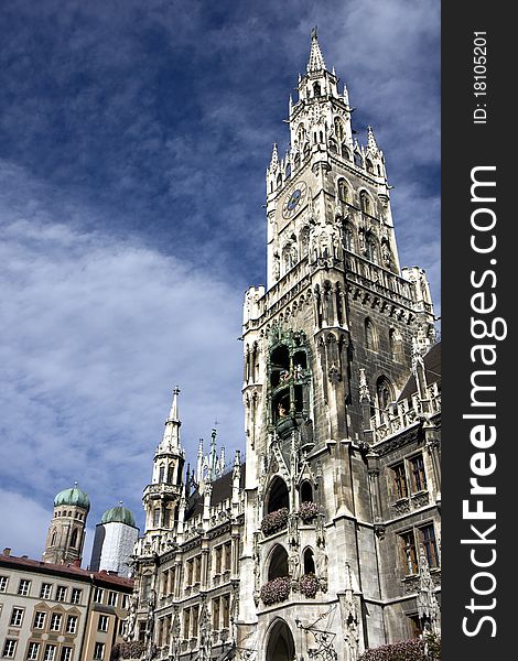 New city hall Marienplatz and Frauenkirche in Munich, Germany. New city hall Marienplatz and Frauenkirche in Munich, Germany