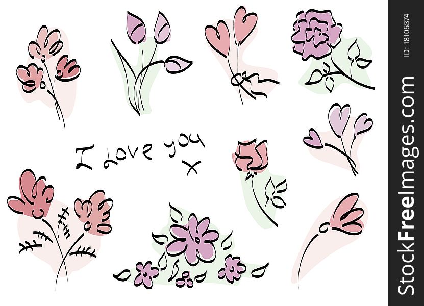 Painted stylized pink daisies, roses and tulips. Painted stylized pink daisies, roses and tulips