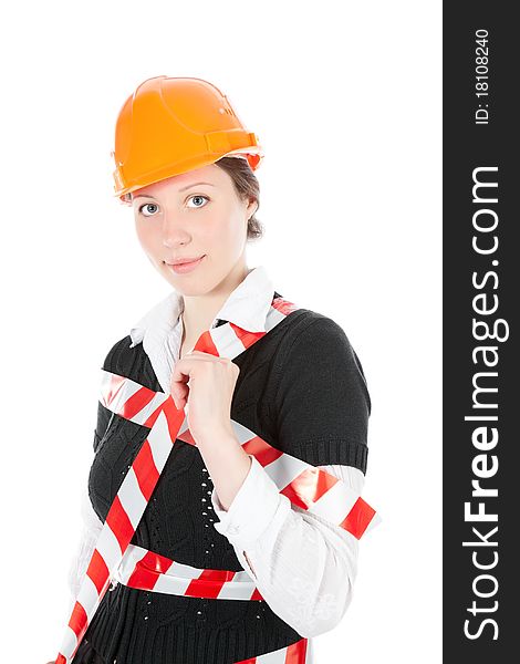 A business woman With cones over white background. A business woman With cones over white background