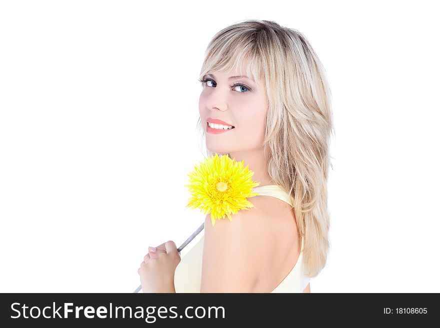 Beautiful woman with blond hair over white background