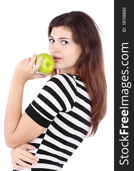 Beauty girl in t-shirt from material in white stripes on white background