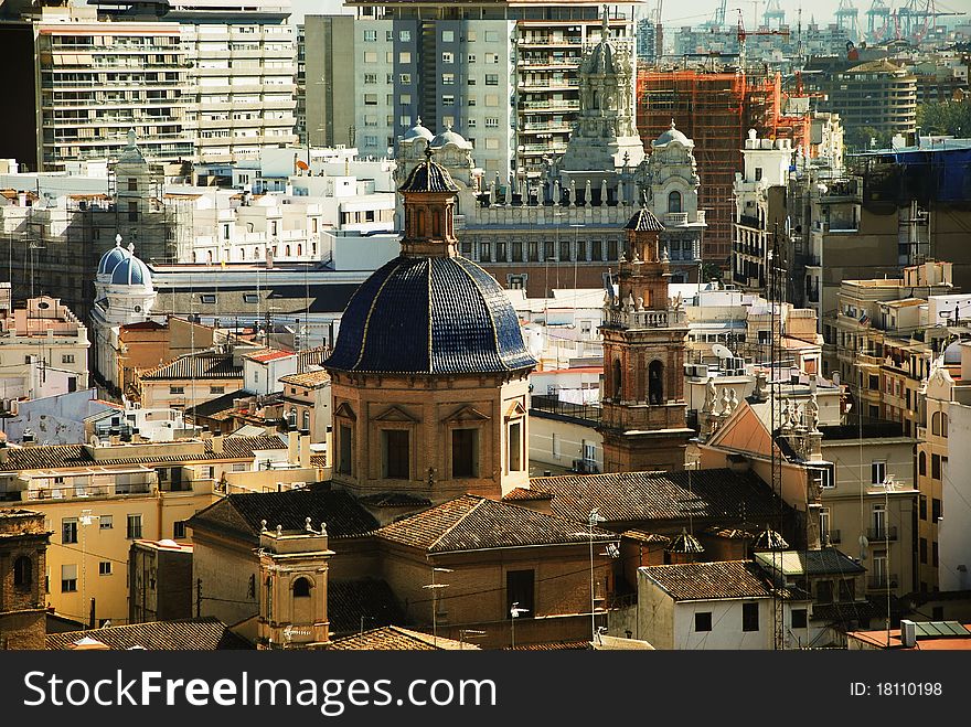 Panoramic view church - city Valencia, Spain.