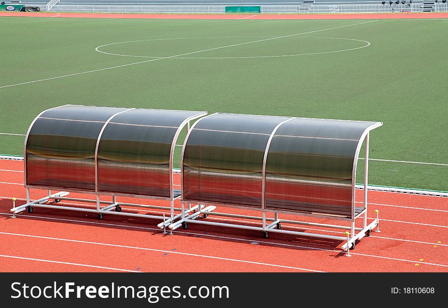 Coach and reserve benches in football stadium