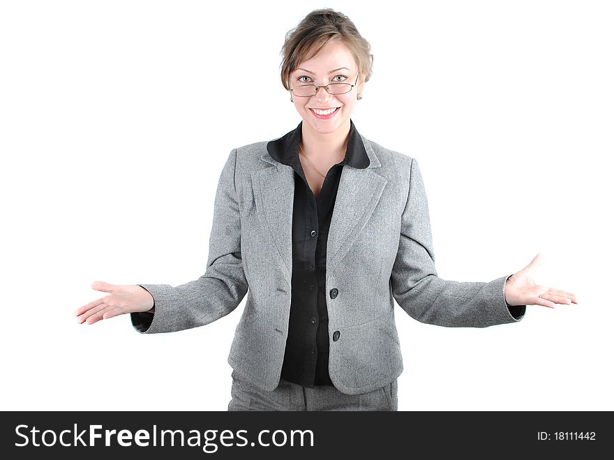 Smiling business woman presenting. Isolated over white background. Smiling business woman presenting. Isolated over white background