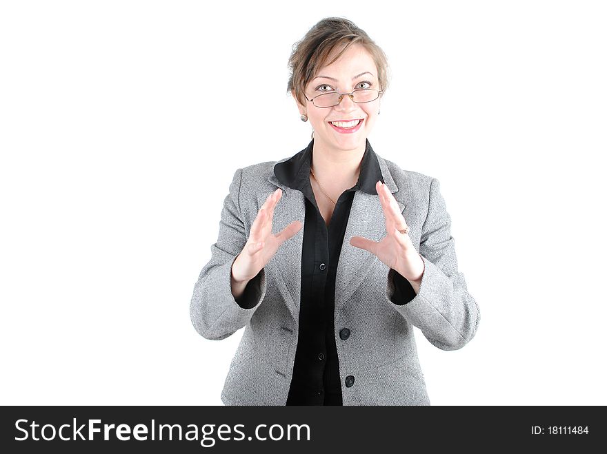 Smiling business woman presenting. Isolated over white background. Smiling business woman presenting. Isolated over white background