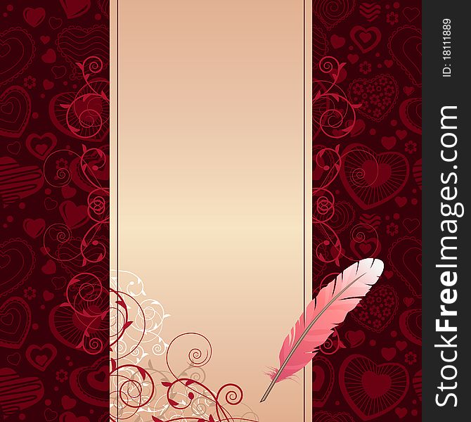 Pink feather and beige scroll on dark background with hearts. Pink feather and beige scroll on dark background with hearts