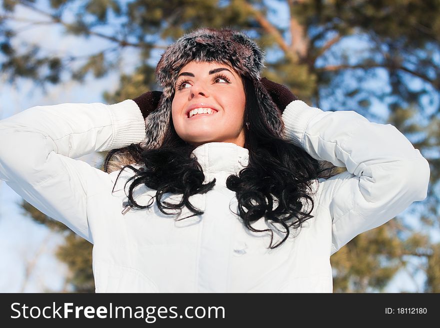 Beautiful Girl On A Walk In A Winter Park,