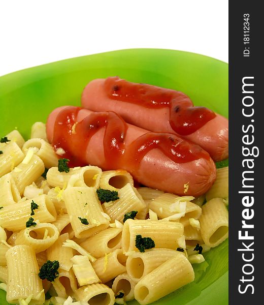 Delicious sausage with pasta isolated