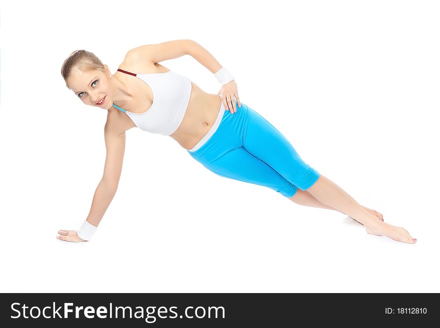 Women in fitness over white background with blond hair
