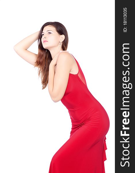 attractive beautiful brunette in red dress. attractive beautiful brunette in red dress