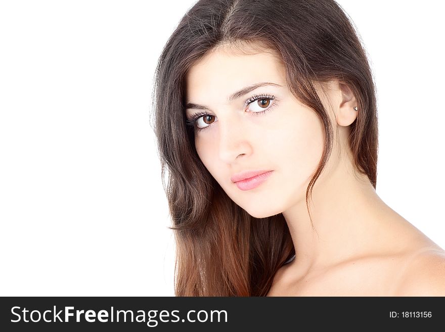 Beautiful woman over white background with brown hair. Beautiful woman over white background with brown hair