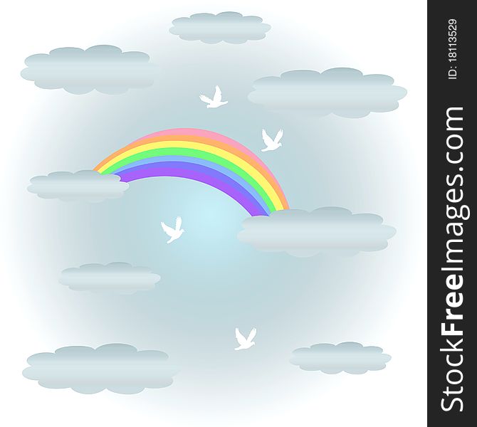 Soft pastel rainbow and clouds with flying doves illustration