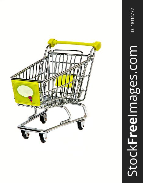 Chrome shopping trolley with green plastic. Isolated on white. All image in focus.