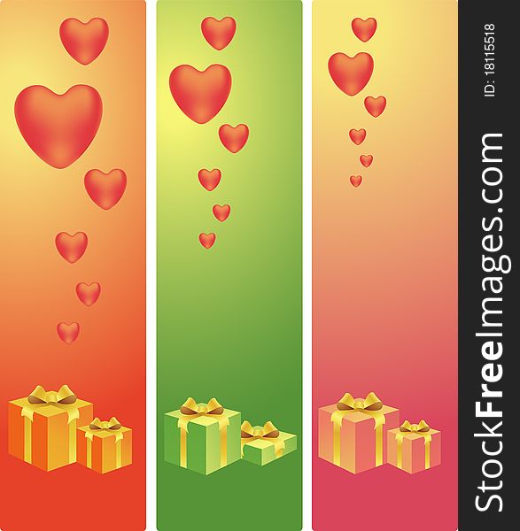 Hearts and presents on colorful backgrounds