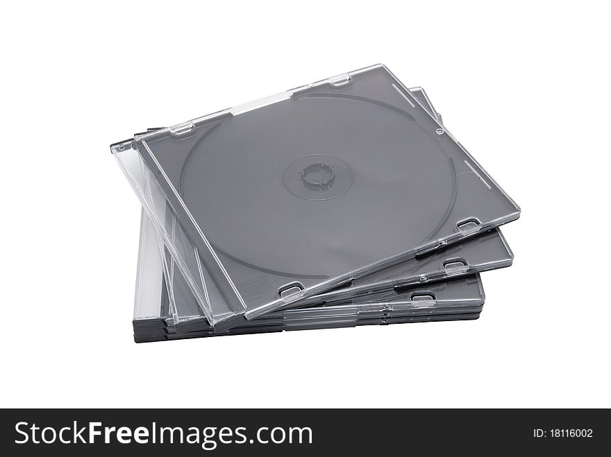 Five empty boxes for CD or DVD disks. On a white background
