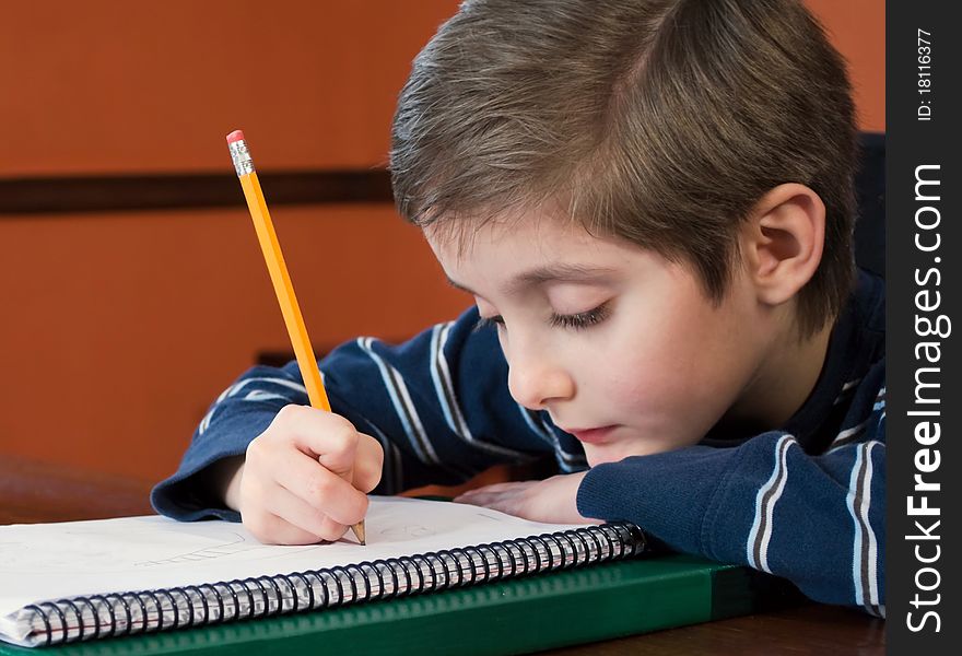 Cute young boy with notebook and pencil concentrates on his homework. Cute young boy with notebook and pencil concentrates on his homework