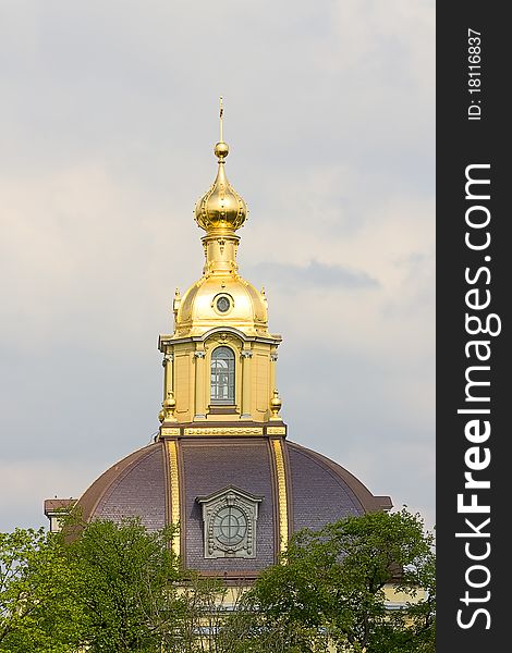 View of dome of church among trees, Saint Petersburg, Russia.