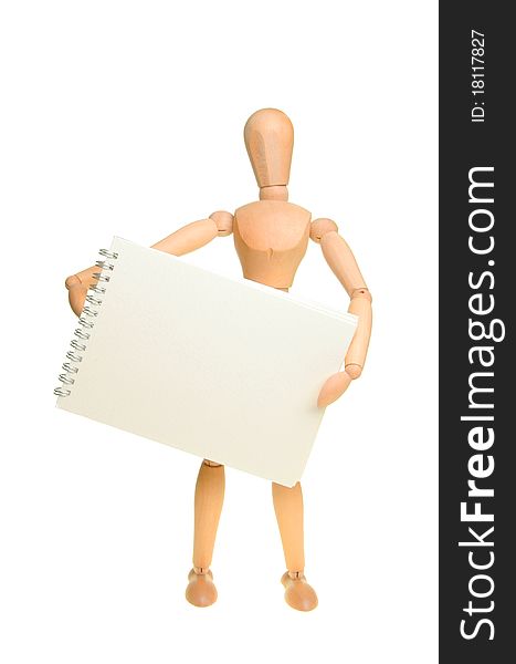 Artist's manikin holding a blank sketch pad isolated on white. Artist's manikin holding a blank sketch pad isolated on white