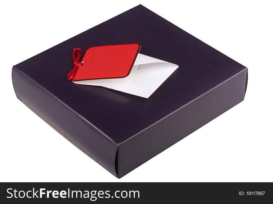 Gift box of darkly violet colour with a congratulatory card.