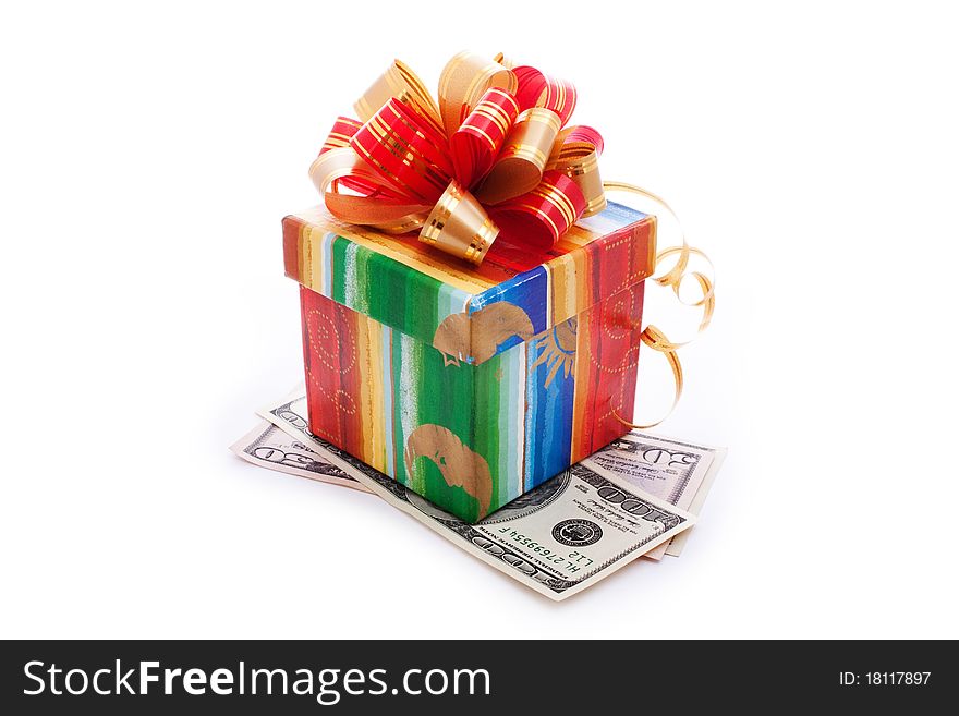 Gift box full with dollar bills isolated on white. Gift box full with dollar bills isolated on white