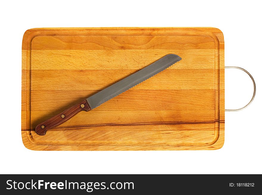 Kitchen knife on cutting board isolated on white background