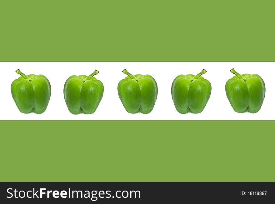 A horizontal white border accross the centre of a green image containing five small green bell peppers. A horizontal white border accross the centre of a green image containing five small green bell peppers.