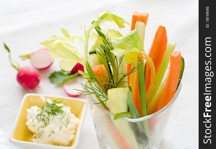 Delicious fresh vegetable appetizer in glass