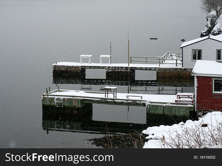 Fishing stages and wharf in winter