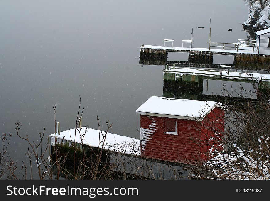 Fishing stages and wharf in winter