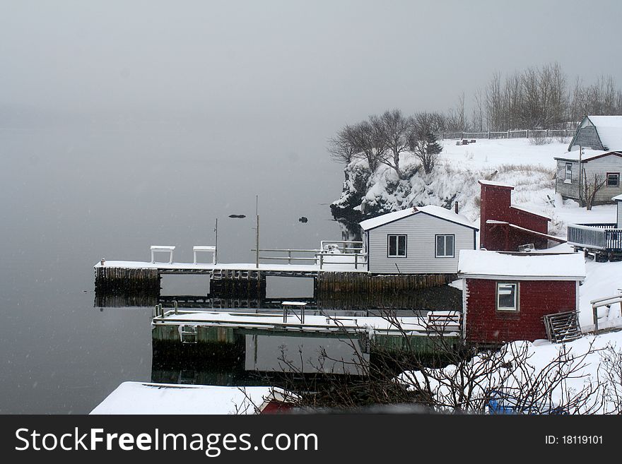 Fishing stages and wharf in winter