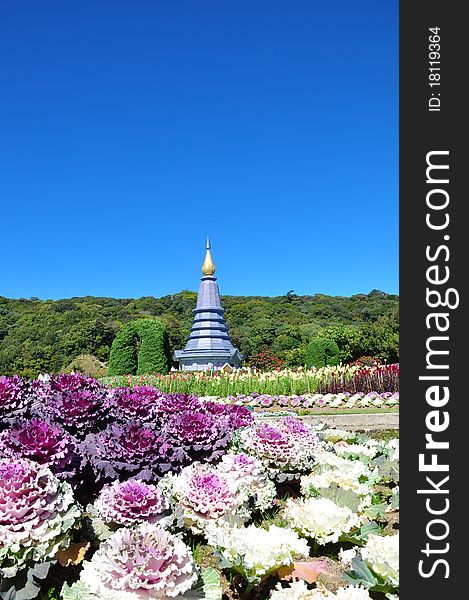 The Stupa Phra Mahathat Naphamethanidon at Doi Inthanon, the highest mountain of Thailand, amidst a beautiful garden.