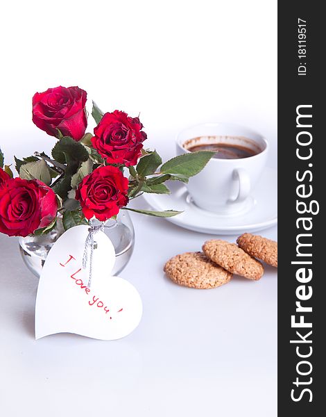 Breakfast With Cup Of Coffee And Red Roses