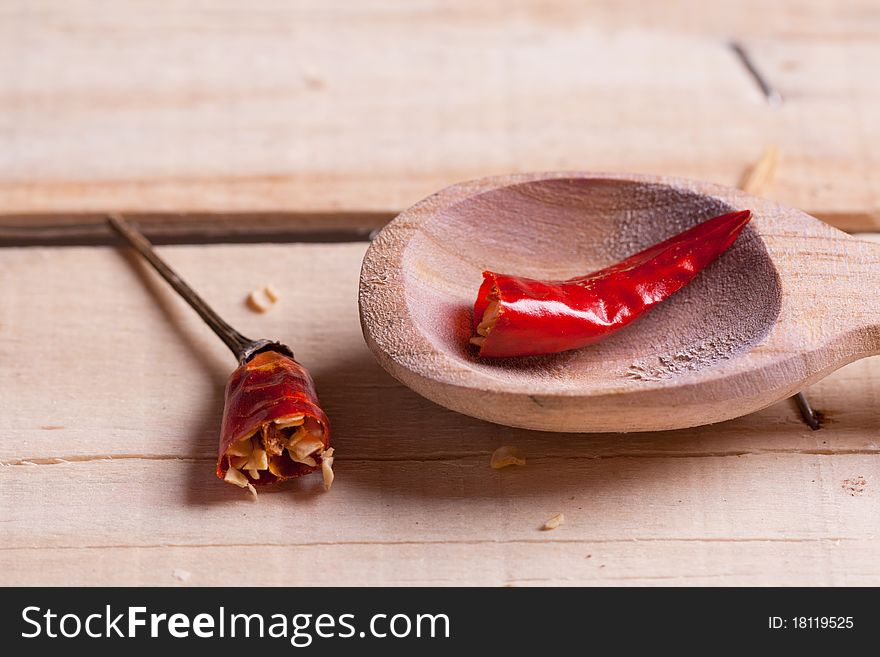 Dry red hot chili pepper in wooden spoon on wooden desk