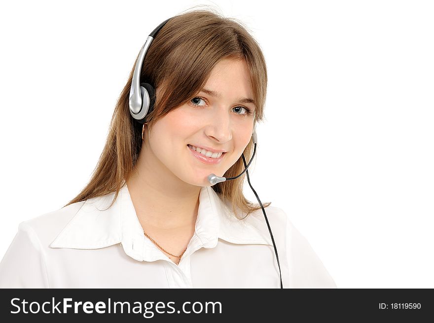 Young female customer service representative in headset, smiling  on a white background