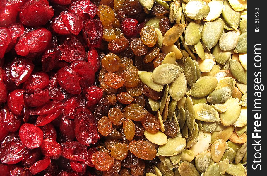 Colorful background from raisin and pumpkin seeds