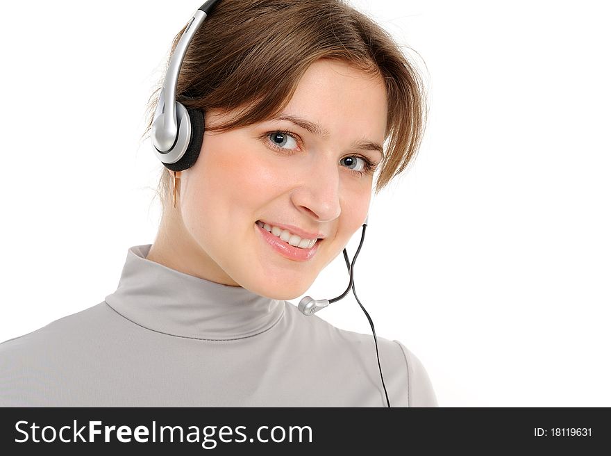 Young female customer service representative in headset, smiling on a white background