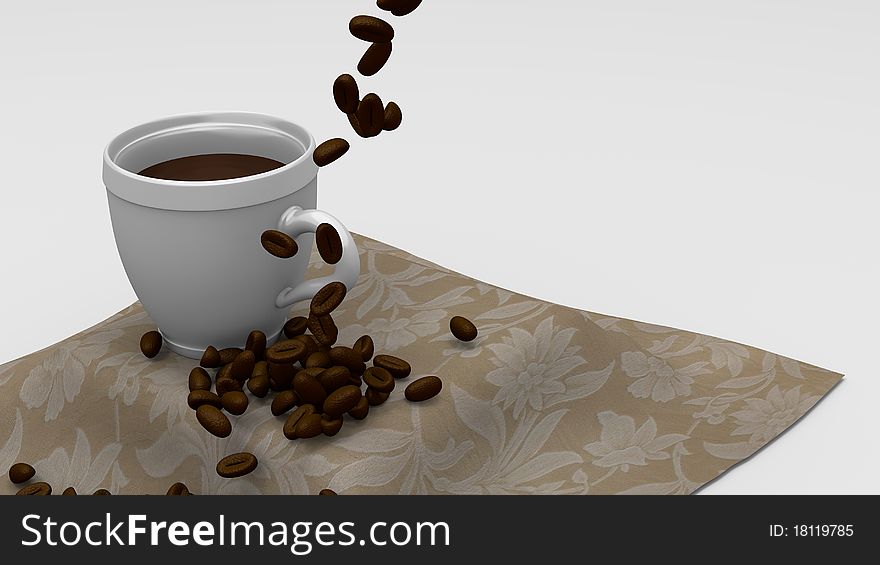 Coffee with coffee beans spilling on table cloth. Coffee with coffee beans spilling on table cloth