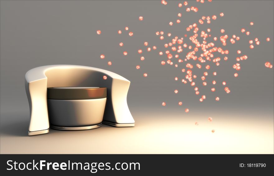 Modern chair in isolated room with particles emanating. Modern chair in isolated room with particles emanating