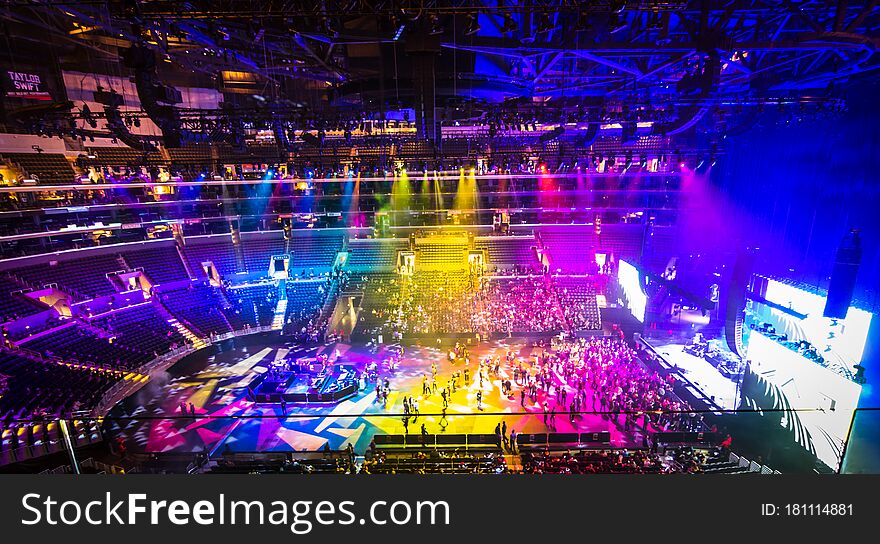 Big Concert with Huge Stage & Screens for Crowd with light show multi colored lights. Big Concert with Huge Stage & Screens for Crowd with light show multi colored lights