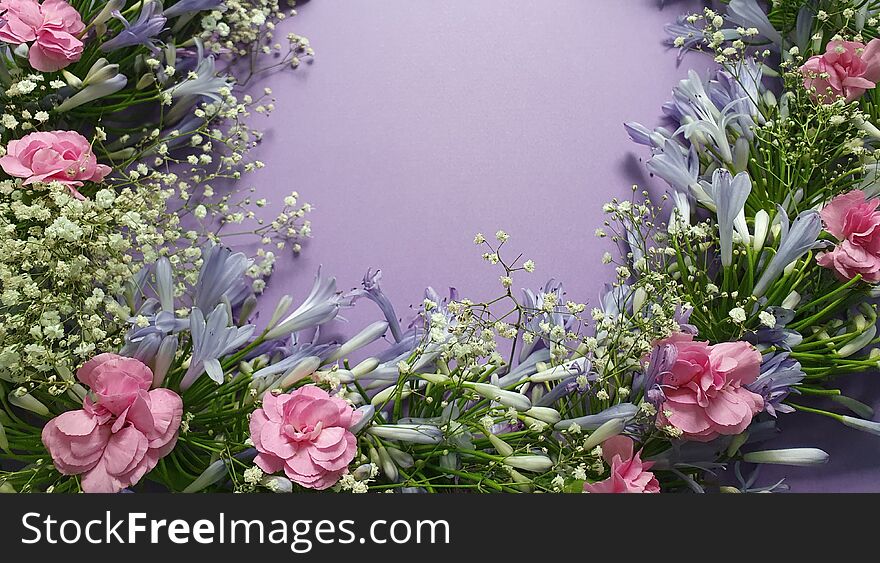 purple agapanthus flower and pink carnation flowers in a floral bouquet on the purple background. purple agapanthus flower and pink carnation flowers in a floral bouquet on the purple background